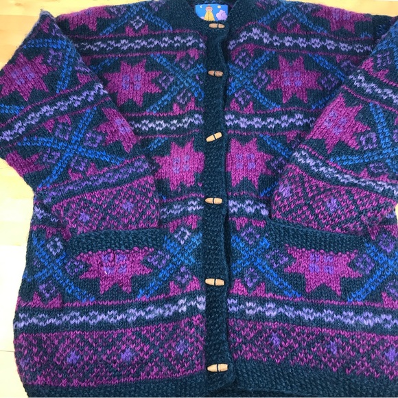 SOLD - Newari Wool Nepal Hand Knit Heavy Cardigan Sweater w/ Pockets size M - Picture 5 of 16